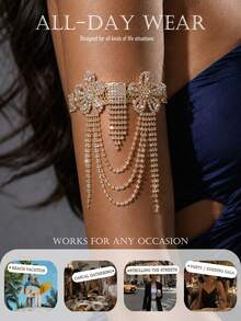 1pc Women's Adjustable Flower-Shaped Hollow Arm Cuff Bracelet, Rhinestone Multi-Layer Tassel Arm Cuff, Suitable For Women To Wear At Ball, Club, Evening Party Occasions - JL2315 - View 3