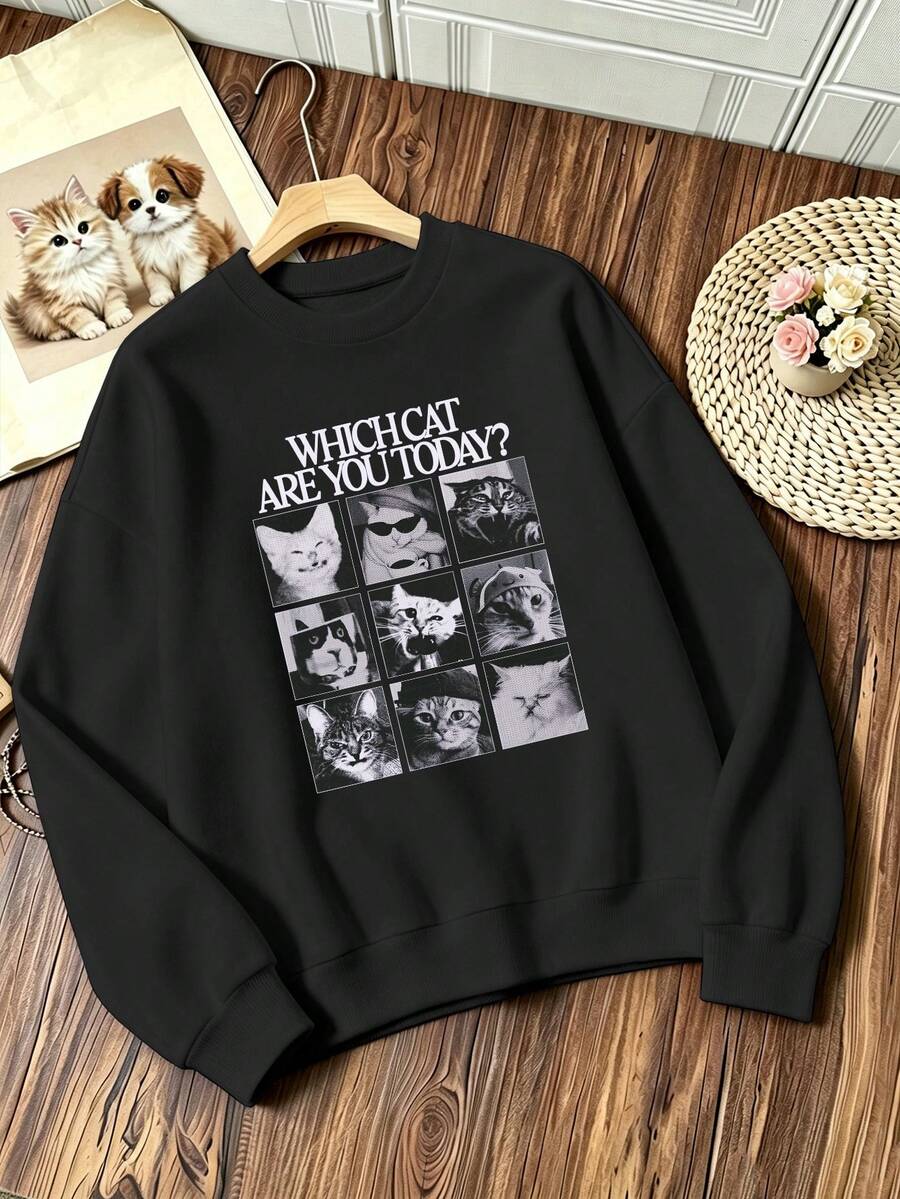 Plus-Size Women's Fashionable And Versatile Crew Neck Sweatshirt With Cute Cat Graphic Print, Perfect For Autumn And Winter Everyday Street Style. - Black - View 1