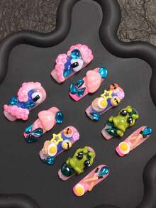 10pcs Handmade Press-On Nails, 33mm Square Nail Tips, 3D Green Frog With Lotus Leaf, Pink Bubble Octopus, Pink Chopsticks With Fried Egg, Yellow Star, Orange Sushi, Royal Blue Water Drop Rhinestone Design, Suitable For Spring Summer Autumn Winter, Essential Nail Decor For Parties, Banquets, Travel And Vacations - Multicolor - View 3