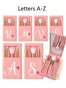Set Kuas Makeup Portabel 5 Buah dengan Cermin, Huruf A-Z Berbentuk Hati Ungu, Set Kuas Makeup dalam Kotak, Set Kuas Makeup Multifungsi dengan Kotak Penyimpanan Cermin, Kuas Makeup Mini Multifungsi, Kuas Alas Bedak - Berwarna merah muda - View 6