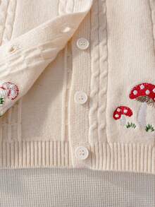 Girls' Sweet Mushroom Embroidered Cable Knit Round Neck Long Sleeve Cardigan Sweater Jacket, Casual Versatile For Daily Wear And School, Spring Autumn Winter - Apricot - View 6