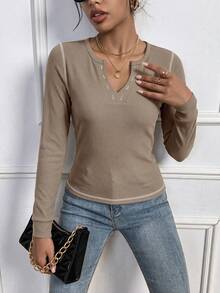 Women Casual Khaki Fall Ribbed Long Sleeve Tee, Notch Neck Contrast Stitch Slim Daily Outfit - Coffee Brown - View 5