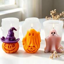 3pcs Halloween Pumpkin Ghost Silicone Candle Molds, Halloween Pumpkin Ghost Element Halloween Plaster Ornament Aromatherapy Silicone Molds - White - View 11