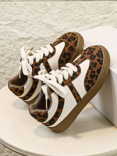 Children's Leopard Print Colorblock Lace-Up Retro Gum Sole Non-Slip Casual Sneakers