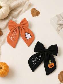 2pcs Halloween Bow Hair Clip Set, Ghost Pumpkin Boo Embroidery, Cute Hair Clips For Girls, Party & Daily Hair Accessories - Multicolor - View 3
