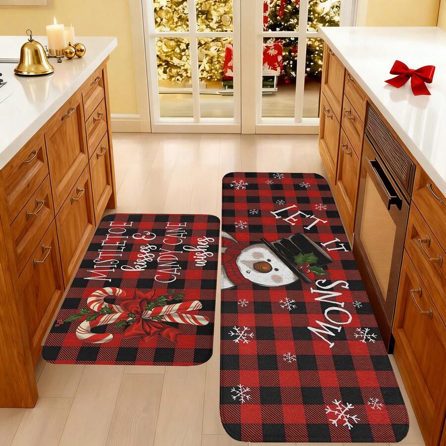 1/2/3pcs Christmas Theme Kitchen Rug, Flannel Kitchen Mat, Comfortable Soft Absorbent Non-Slip Machine Washable With Anti-Slip Backing, Multi-Functional Home Floor Mat Suitable For Doorway, Living Room, Bedroom, Kitchen, Dining Room, Bathroom, Laundry Room, Patio, Entryway, Holiday Christmas Decor Mat - Multicolor - View 1