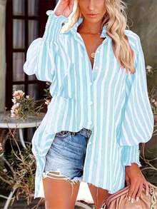 Women's Plus Size Striped Button-Up Long Shirt Collar Batwing Sleeve Top, Asymmetrical Hem Pleated Woven Fabric - Baby Blue - View 1