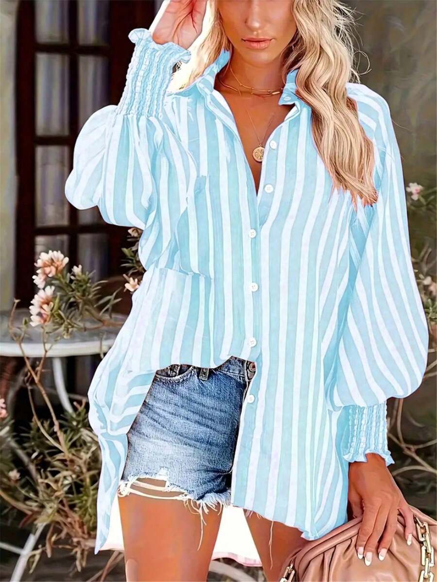 Women's Plus Size Striped Button-Up Long Shirt Collar Batwing Sleeve Top, Asymmetrical Hem Pleated Woven Fabric - Baby Blue - View 1