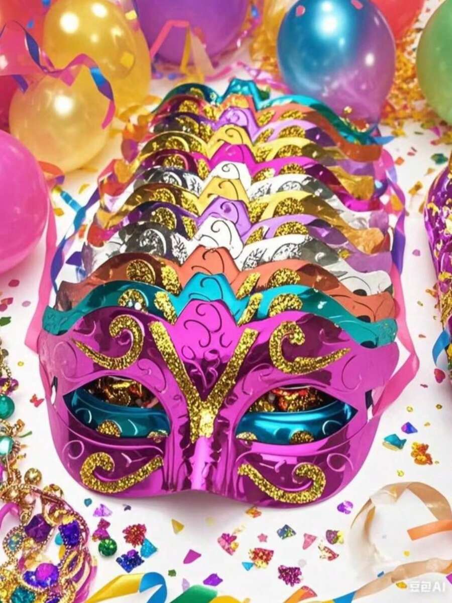 12pcs/6pcs Gold Plated Party Masks Wedding Props Costume Ball Carnival Mask Random Color - Multicolor - View 1