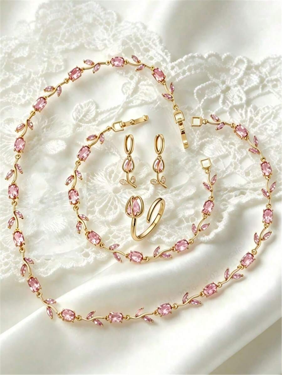 4pcs/Set Gentle & Elegant Rose Inspired Multi-Color Zirconia Necklace, Bracelet, Earrings And Ring Set, Women's Daily Streetwear Accessories - Set - View 1