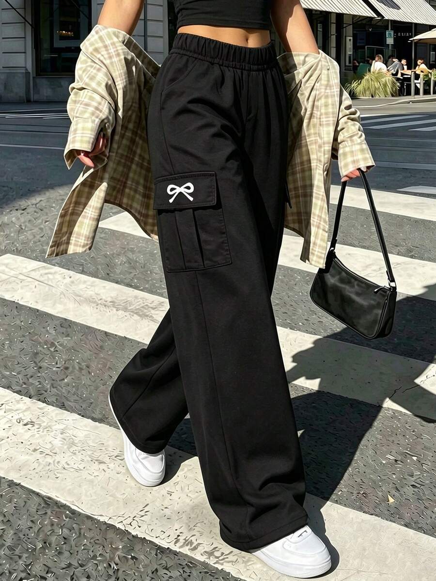 1 pieza Pantalones cargo holgados con estampado de mariposa para niñas preadolescentes, cómodos y versátiles - Negro - Ver 1