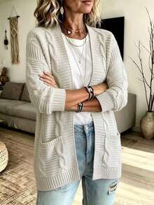 Plus Size Women Fall Winter Open Front Cable Knit Cardigan, Long Sleeve Pocket Loose Soft Warm Casual Knit Sweater Coat White - White - View 2