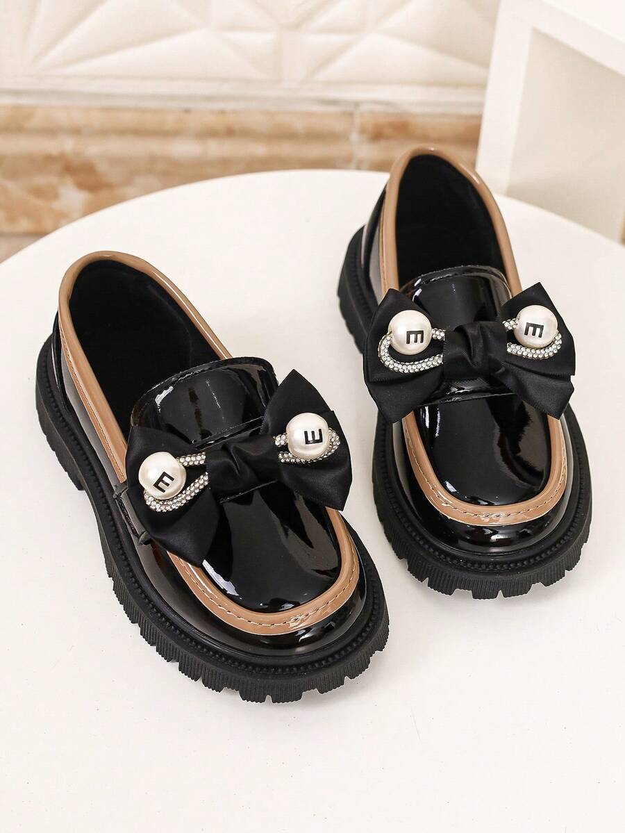 Girls' British Style Colorblock Slip-On Loafers, Thick Sole Versatile Princess Dress Shoes For Spring And Autumn - Black - View 1