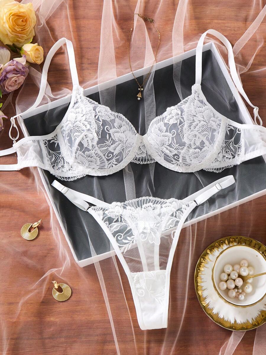 1 Set 2pcs Luxury White Floral Embroidered Sheer Mesh Bra & Panty Set, Comfortable Daily Women's Lingerie - White - View 1