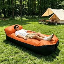 2pcs/Set Black & Orange Contrast Color Camping Inflatable Sofa, Single Person With Headrest, Suitable For Camping, Hiking, Backyard, Patio Leisure, Slouchy Air Lounger, Portable Foldable Storage, Sit & Lie Dual Use, Outdoor Bedding, Outdoor Inflatable Mattress - Multicolor - View 5