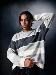 SU ER 1pc Men's Casual Striped Knit Sweater, Autumn/Winter - Grey - View 3