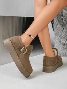 Sepatu Bot Ankle Slip-On Sol Tebal Suede Imitasi Warna Polos untuk Wanita, Sepatu Bot Ankle dengan Tali Tunggal dan Dekorasi Gesper Logam Persegi - Unta - View 5