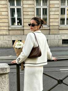 Women's 1pc Elegant White Knit Long Sleeve Button-Up Cropped Cardigan Sweater Jacket, Autumn Outfit Recommendation - White - View 3