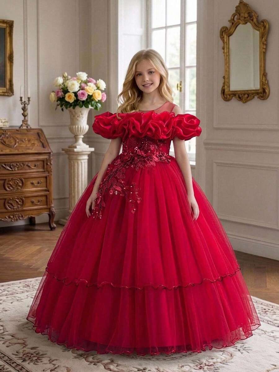 Tween Girls Sequin Applique Mesh Puffy Party Dress Princess Gown, Faux Pearl Random Studs, Headband Not Included - Burgundy - View 1