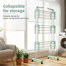 Shoze Foldable 3‑Tier Stainless Steel Laundry Drying Stand, Mobile Clothes Rack With Side Wings And Built‑In Wheels - green - View 5