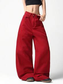 1 Stück Damen Casual Loose Fit Weite Bein Jeans, Burgunderfarben, bequem und vielseitig für den täglichen Gebrauch (Gürtel/Accessoires nicht enthalten) - Bordeaux - Übersicht 5