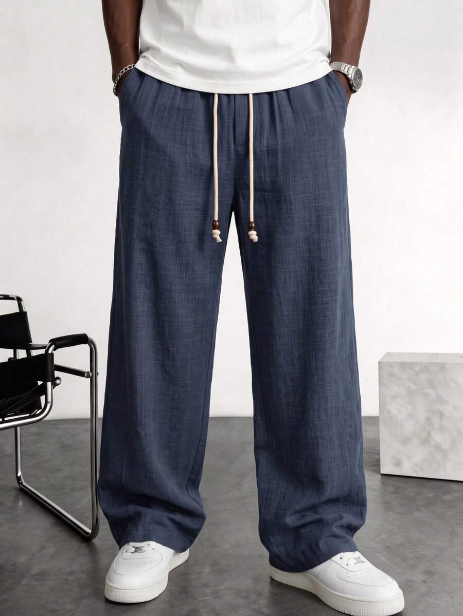 1pc Men's Navy Blue Faux Linen Drawstring Straight Leg Pants, Faux Linen Fabric, Soft And Comfortable, Casual Vacation And Daily Commute, Old Money Style - Navy Blue - View 1