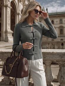 NiceArt Nuevo suéter de punto acanalado vertical con botones de rana estilo chino, cárdigan de punto de manga larga ajustado gris oscuro retro casual de invierno, atuendo de otoño, Halloween - Gris - Ver 7