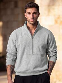 Men Fall Half‑Zip Stand Collar Sweatshirt, Elegant Holiday Festival Casual Pullover With Side Pockets For Daily Vacation - Grey - View 7