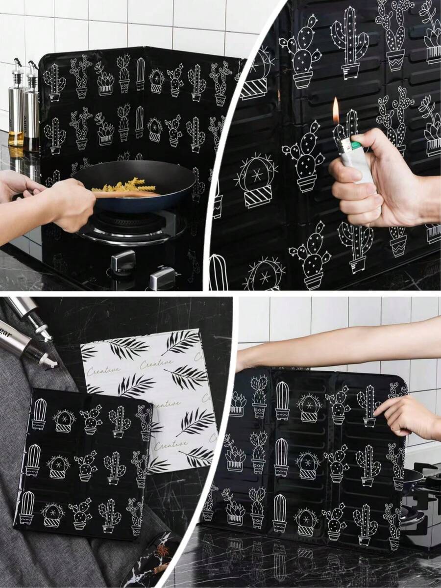 1pc/2pcs Foldable Aluminum Foil Gas Stove Splash Guard, Heat Resistant Oil-Proof Partition Board, Cactus Leaf Print Kitchen Stove Protector, Easy To Clean Oil-Proof Cooking Isolation Board, Suitable For Home Kitchen - Multicolor - View 1