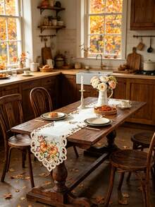 1PC 100% Polyester Fall Table Runner, Pumpkin Maple Leaf Sunflower Embroidered Cutwork Scalloped Edge Cream Linen Table Runner For Autumn Harvest Holiday Dining Table Home Decor - Multicolor - View 7