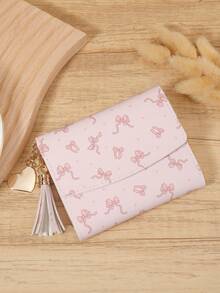 Fashionable Bow Printed Short Wallet, Portable Metal Heart-Shaped Tassel Decoration, Multi Slot Snap Wallet, Suitable For Outdoor And Travel - Pink - View 6