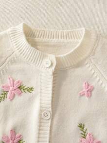 Girls' Elegant Solid Color Embroidered Round Neck Raglan Sleeve Knit Cardigan, Suitable For Daily Casual Wear And Vacation, Spring, Autumn, Winter - Apricot - View 3