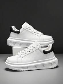 Men's Minimalist Solid Color Daily Outdoor Commute Height-Increasing Front Lace-Up White Sneakers, Random Embossed Design Versatile Comfortable Casual Couple Walking Shoes - White - View 7