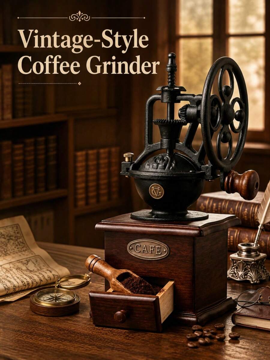 Vintage Ferris Wheel Manual Coffee Grinder, Solid Wood Base, Cast Iron Retro Hand Crank Coffee Bean Grinder, Classic Nostalgic Design, Home Coffee Bar Countertop Decor, Precise Conical Grinding, Suitable For Pour-Over Coffee Home Accessory - Multiple Styles and Colors - View 1