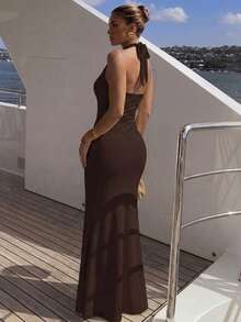 Perirose Women's Brown Elegant Halter Neck Backless Deep V-Neck Ring Detail Fitted Maxi Dress, Suitable For Summer Autumn Vacation, Wedding Guest, Cocktail Party, Nightclub Gathering - Brown - View 2