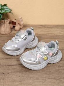 All-Season Breathable Mesh Sports Shoes For Girls, Colorful Floral Decoration, Hook And Loop Closure, Soft Sole, Non-Slip, Casual Comfortable Versatile Chunky Sneakers (Runs Small) - Silver - View 3