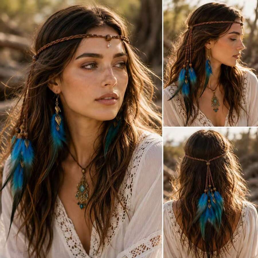 3pcs Feather Headband & Earring Set, Travel Hot-Selling Feather Headband With Pendant And Brow Pendant, European And American Style Headwear - Multicolor - View 1