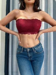 1pc Shiny Woven Tape Criss-Cross Lace Strapless Bandeau Top For Women - Red - View 4
