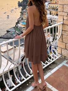 Casual Sexy Fashion Halter Neck Backless Chiffon Loose Fit Dress, Asymmetric Hem Elegant Style - Brown - View 1