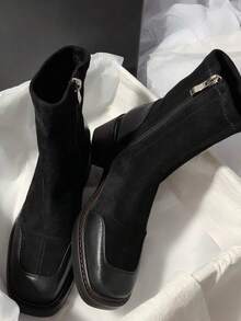 Women's Plus Size Square Toe Elastic Sock Ankle Boots, Chunky Heel Patchwork Vintage High Heel Boots, Versatile Slip-On Ankle Boots For Daily Wear - Black - View 3