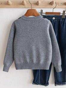 Boys' Preppy Argyle Jacquard Round Neck Button Long Sleeve Knit Cardigan Sweater, Color Block Pattern, Casual Versatile For Daily Wear And School, Spring/Autumn/Winter - Grey - View 2