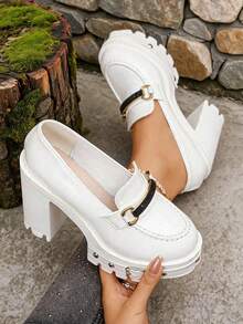 Vintage Sweet Cool White Patent Leather Shoes, Super High Block Heel Rivet Platform Loafers Height Increasing Mary Janes - White - View 4