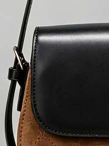 Maillard Color Block Saddle Bag For Women, Black Leather & Brown Suede Quilted Diamond Flap Underarm Bag, Minimalist Gold Buckle Adjustable Shoulder Strap Retro Commuter Shoulder Bag - Brown - View 2