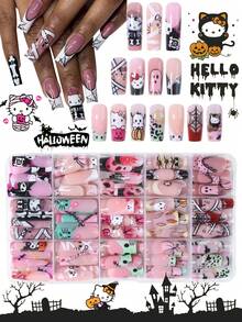 Sanrio 萬聖節 Hello Kitty 360片裝（15款混色）Y2K 中號方型豹紋法式穿戴甲，附可愛萬聖節 Hello Kitty、幽靈、蝙蝠、蜘蛛網與南瓜頭設計，適合壓克力假指甲套組，適用女孩或男孩派對使用 - 彩色 - 查看 1