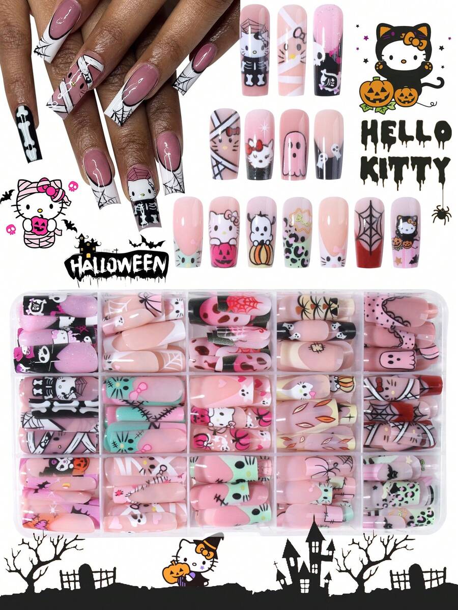 Sanrio 萬聖節 Hello Kitty 360片裝(15款混色)Y2K 中號方型豹紋法式穿戴甲,附可愛萬聖節 Hello Kitty、幽靈、蝙蝠、蜘蛛網與南瓜頭設計,適合壓克力假指甲套組,適用女孩或男孩派對使用 - 彩色 - 查看 1