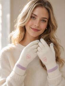 Girl Style Heart Embroidery Touchscreen Knit Gloves, Unisex Autumn/Winter Colorblock Soft Thick Warm Fingerless Gloves For Daily Outdoor Cycling Commuting Cold Protection Wrist Guard - Multicolor - View 10