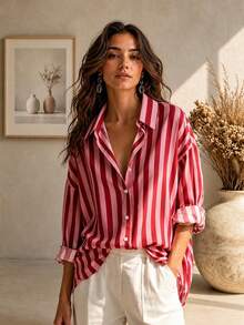 Explosion Women's Spring/Summer/Autumn/Winter Street Retro Bohemian Style Vacation Color Block Striped Pattern Pink Casual Lapel Long Sleeve Red - Merah - View 2