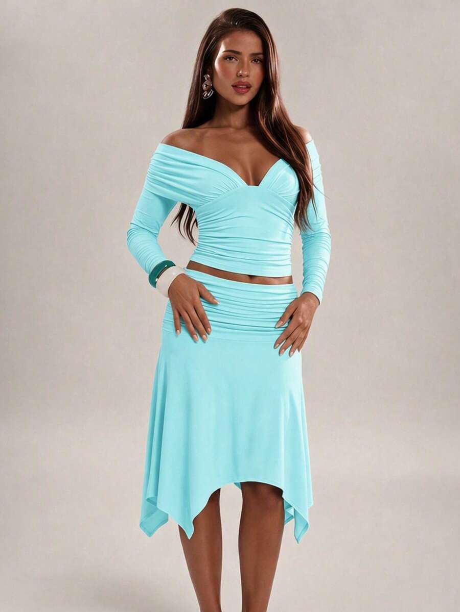 Women's Long Sleeve V-Neck Tie Front 2 Pieces Set - Teal - View 1