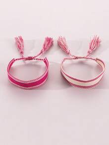 NAIZHU 2 buah Gelang Anak-anak Gaya Bohemian Anyaman Bordir yang Dapat Diatur Ukurannya, Hadiah Persahabatan - Hot Pink - View 5