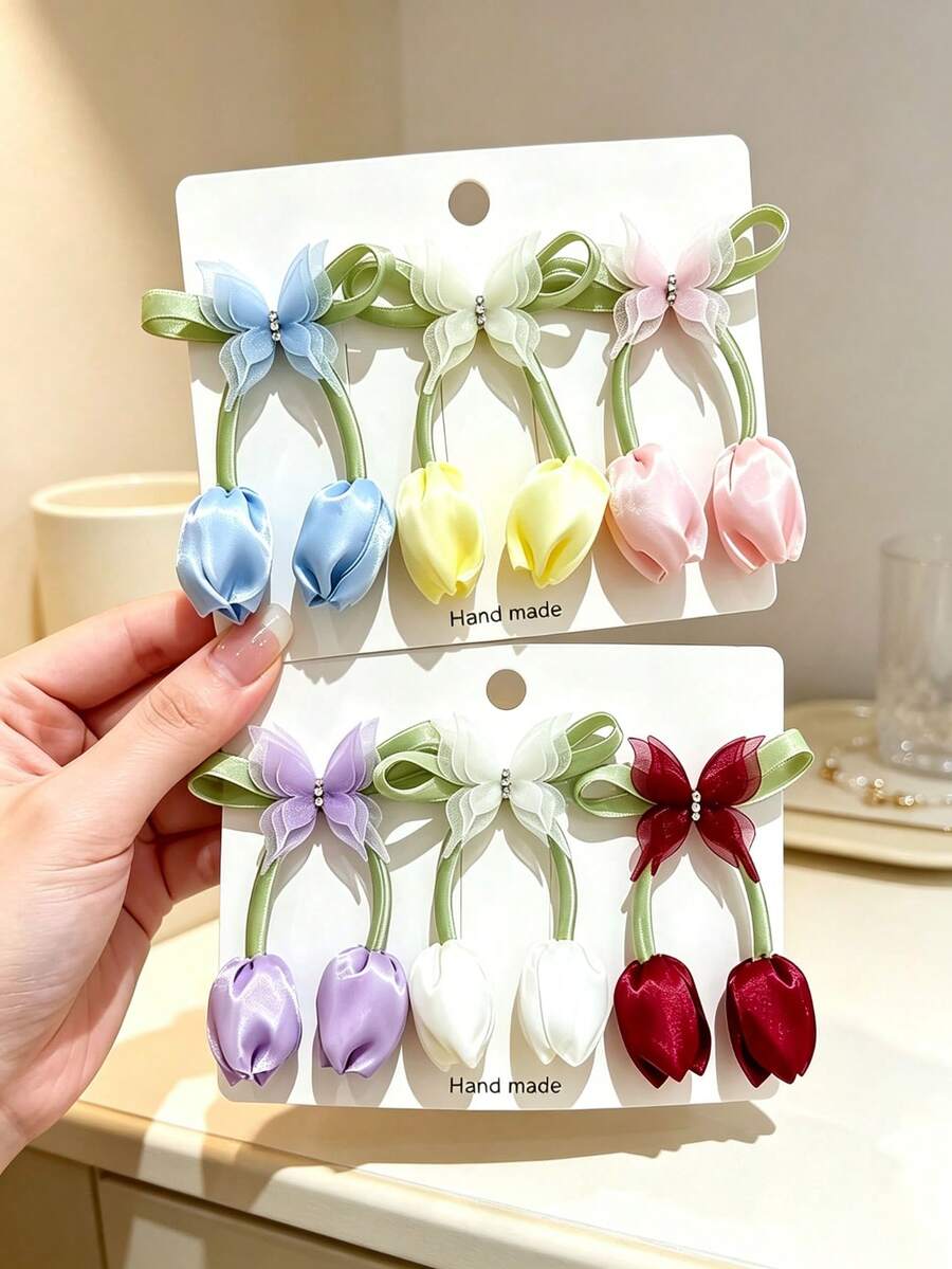 1/6pcs Handmade Tulip Bow Hair Clips, Sweet & Lively, Non-Damaging, Daily Hair Accessories - Multicolor - View 1